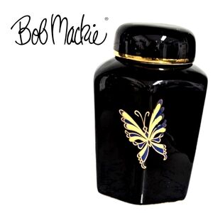 Vintage Bob Mackie Signed Ceramic Stash Jar with Gold Outlined Butterfly motif